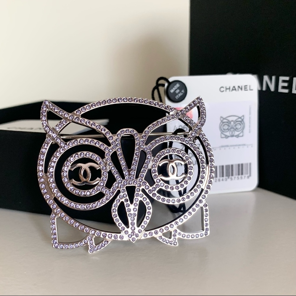 Chanel large crystal owl broach